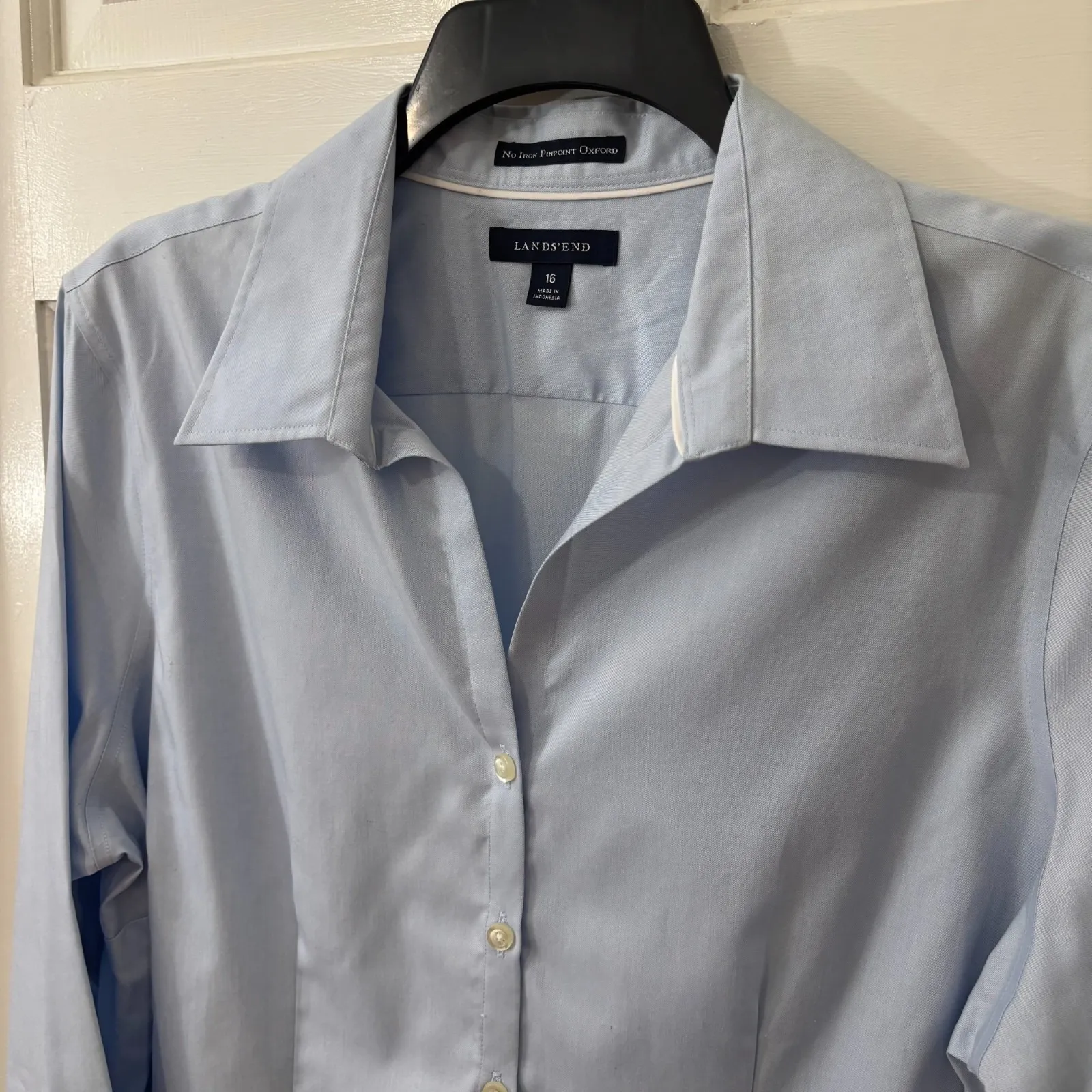 Lands End Fitted Light Blue Button No Iron Pinpoint Oxford‎ Blouse Sz 16 Shirt - Image 5