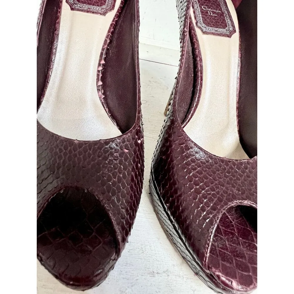 Christian Dior Embossed Python Leather Peep Toe Pumps Purple Women Size 37.5 / 7 - Image 10