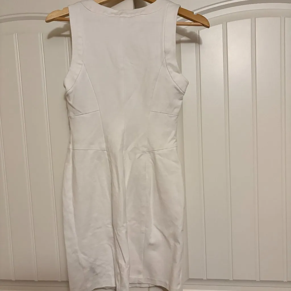 Boston Proper White Dress Size 8 Gold Zip Front Rayon Nylon Blend Bodycon Midi - Image 3