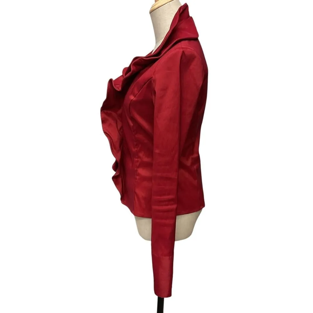 Samuel Dong Designer‎ Women's Satin Ruffle Long Sleeve Jacket Sz XS Red Holiday - Image 5