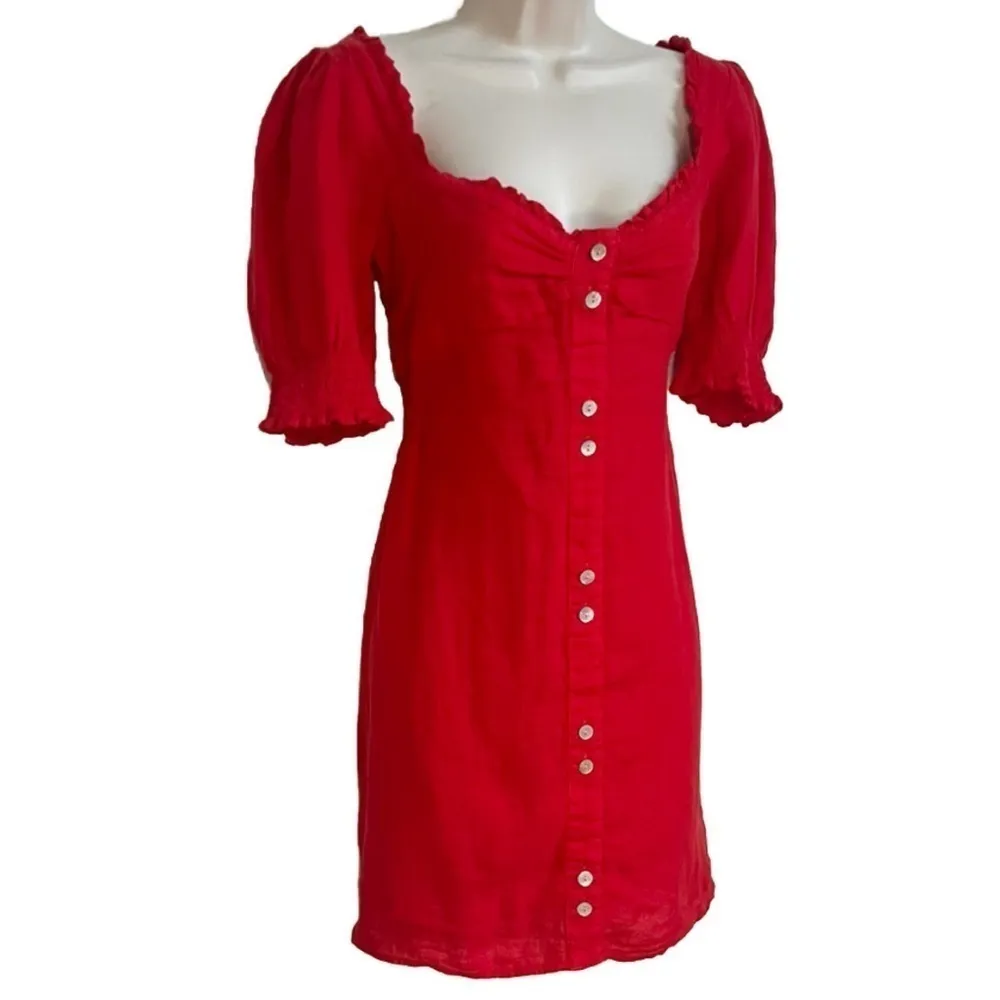 NWT Zara Red Linen Sweetheart Ruffle Mini Dress Button Accent Pullover Medium - Image 6