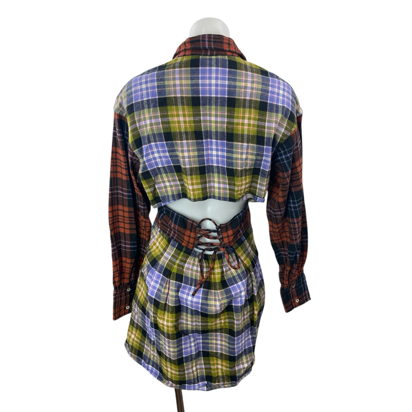 Circus NY Multicolor Plaid Colorblock Cutout Long Sleeve Mini Shirt Dress Size S Size L - Image 2
