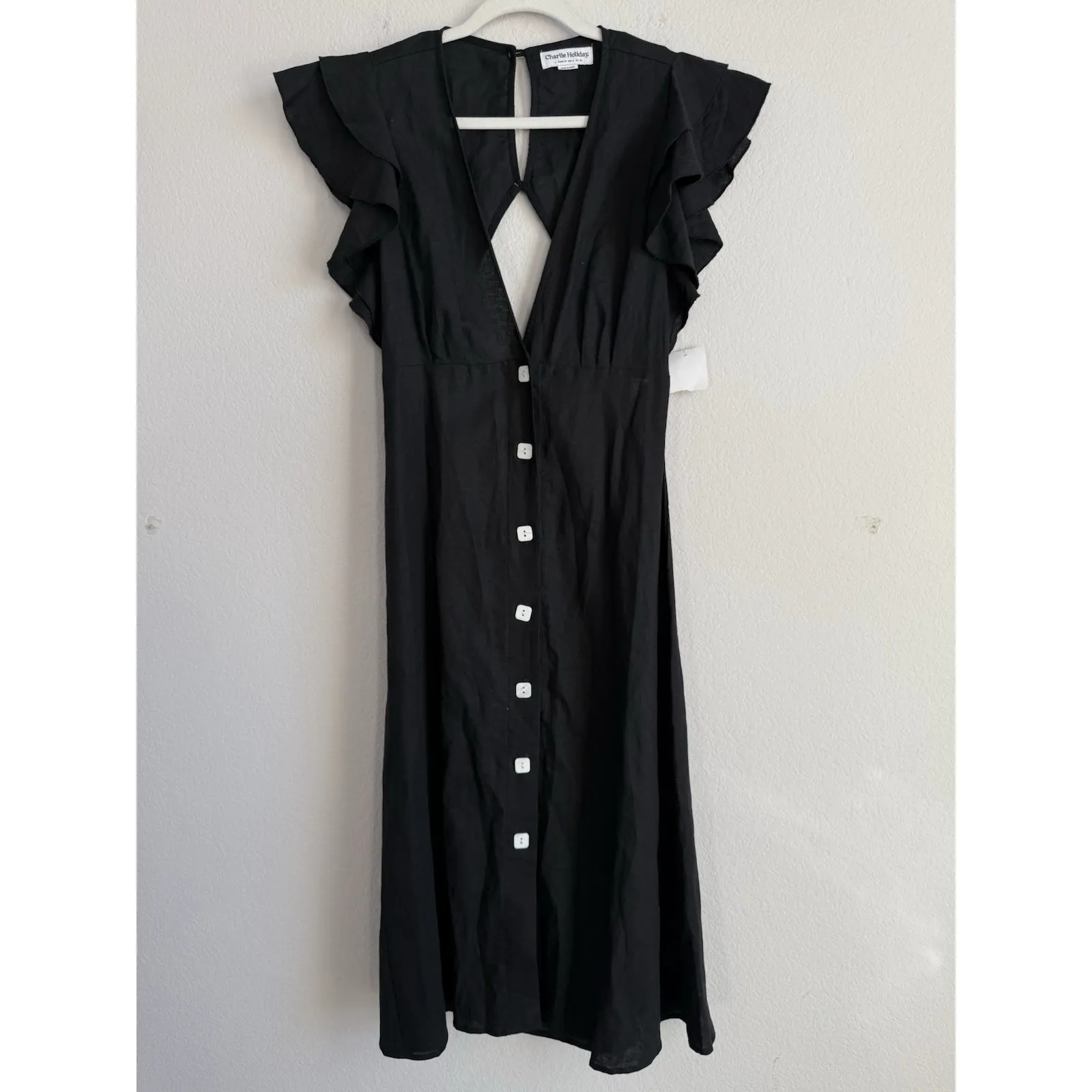 Charlie Holiday Cherry Linen Midi Dress Women Size 6 Cover Up Flutter Sleeve New - Image 5