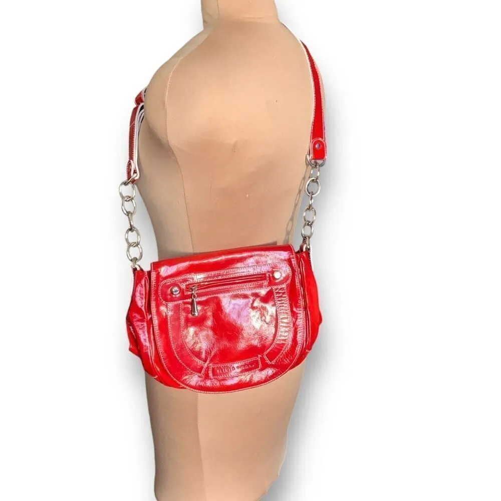 Plinio Visona Red Patent Leather Silver Chain Strap Crossbody Shoulder Bag - Image 14