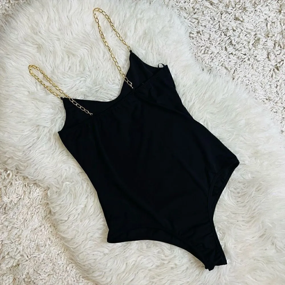 Black chain strap cami bodysuit top blouse L Size L - Image 7