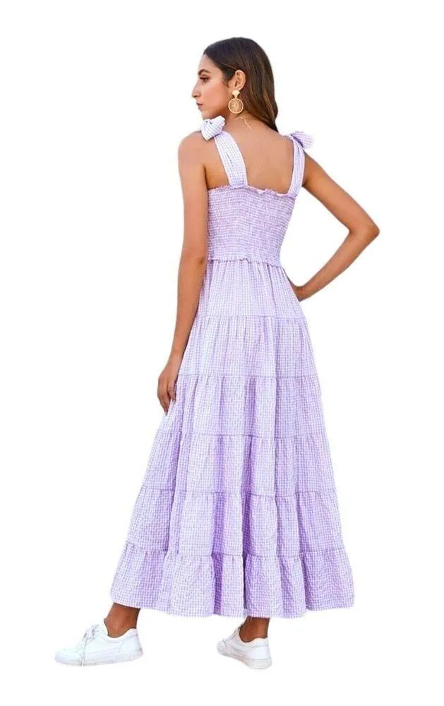 Womens Purple Gingham Tie Shoulder Tiered Maxi Dress Size S Spring Summer Beach - Image 4
