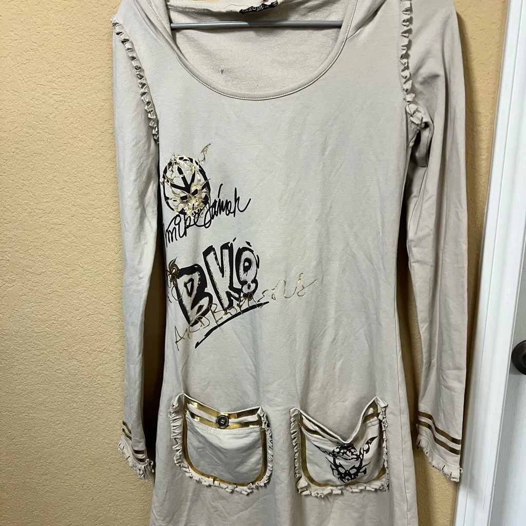 Stylish Beige Long Sleeve Dress Black Size M - Image 2