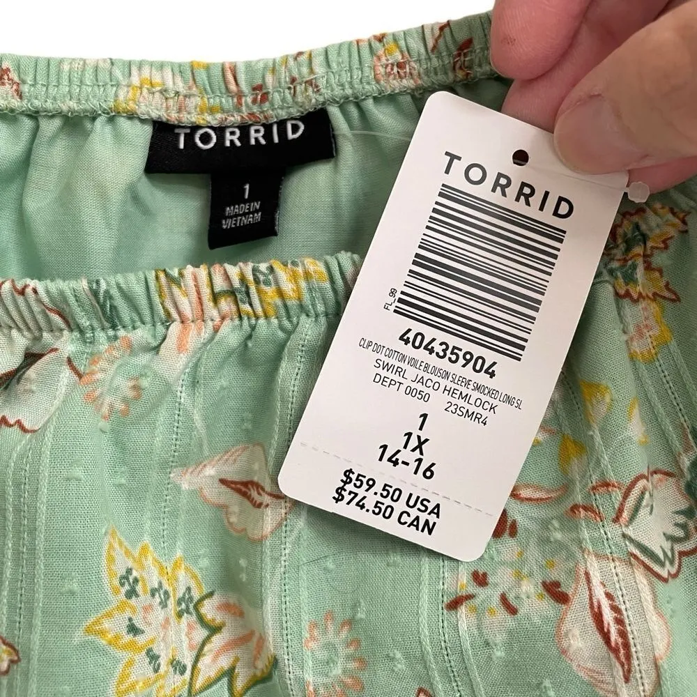 Torrid Cotton Clip Dot Blouson Long Sleeve Smocked Peplum Top 1XL Green Floral - Image 5