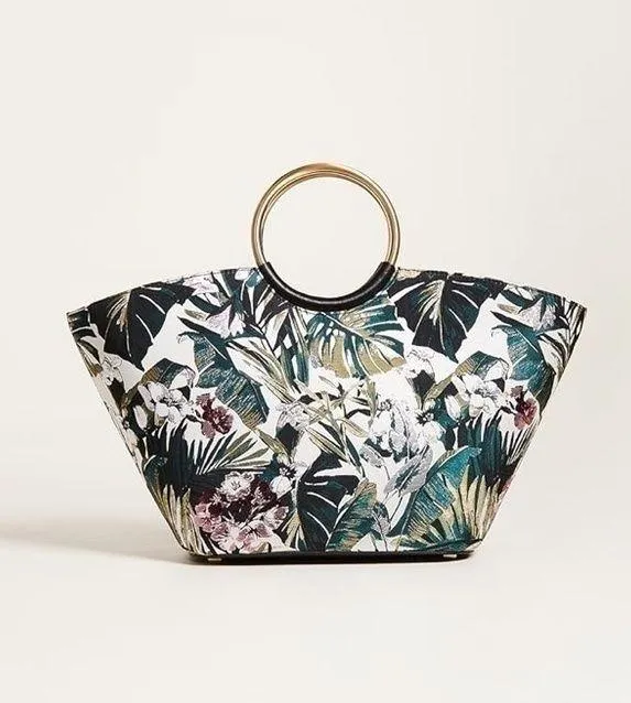 Flynn Hampton Flora Metallic Weave Floral Tote Bag Purse Metallic Ringed Handles Black - Image 1