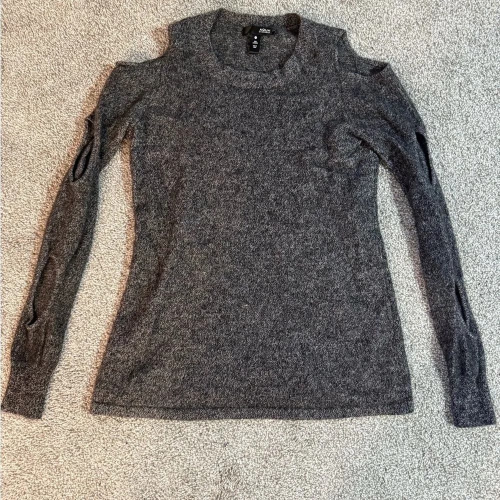 Aqua Gray Cashmere Circle Arm Cut Out Cold Shoulder Sweater Size Small EUC - Image 3