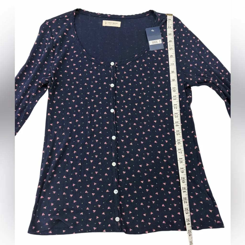 NWT Lucky Brand Dainty Rose Print Faux Button-Down Navy Shirt Large Twee Preppy - Image 6