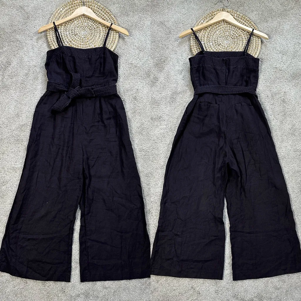 J. Crew Women’s 100% Linen Tie-Waist Jumpsuit Cropped Sleeveless Wide Leg Size 2 - Image 2