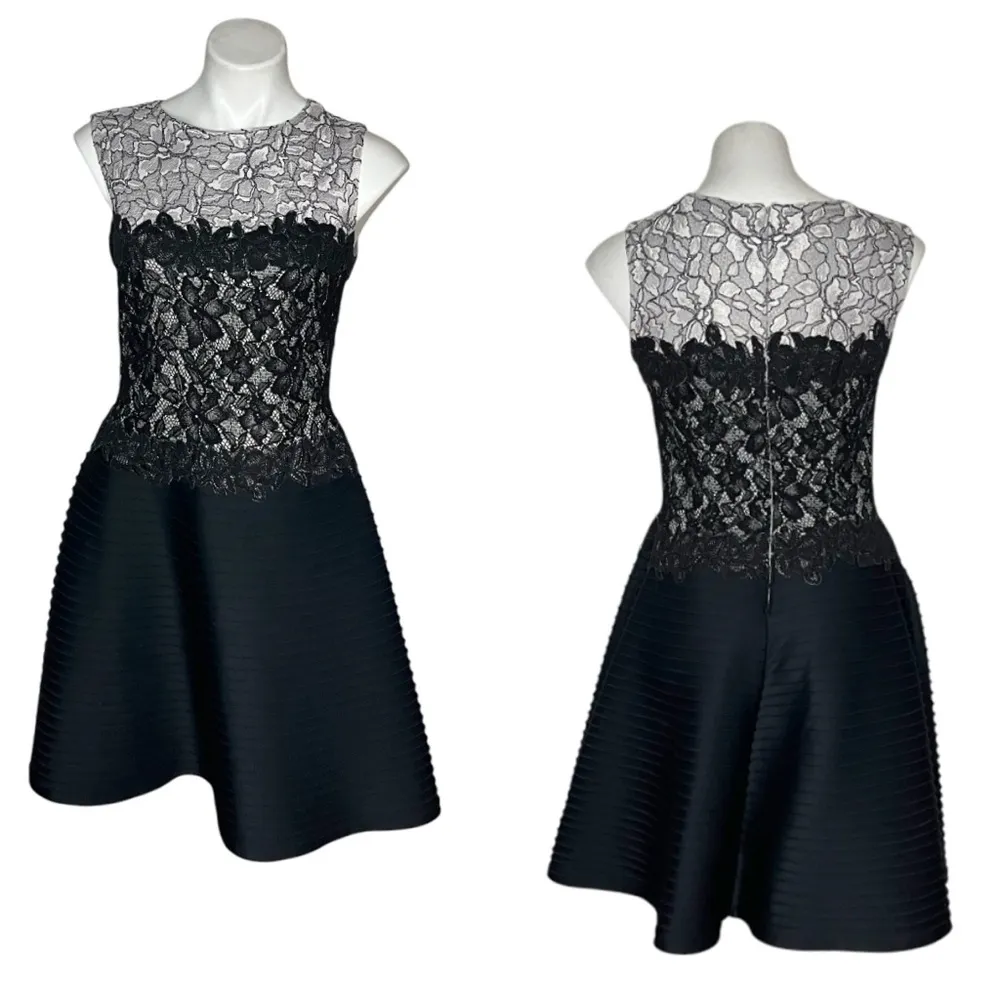 TADASHI SHOJI Dress Lace Overlay Bodice Solid Pintuck Skirt Fit & Flare Size 10 - Image 11