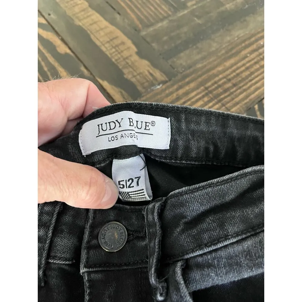 Judy Blue Women’s 5/27 Black Animal Print Skinny Jeans Comfy Raw Hem Distressed - Image 2