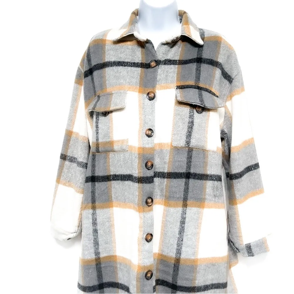 Plaid Flannel Button Long Shacket Shirt Jacket Peacoat Trench Coat Small - Image 8