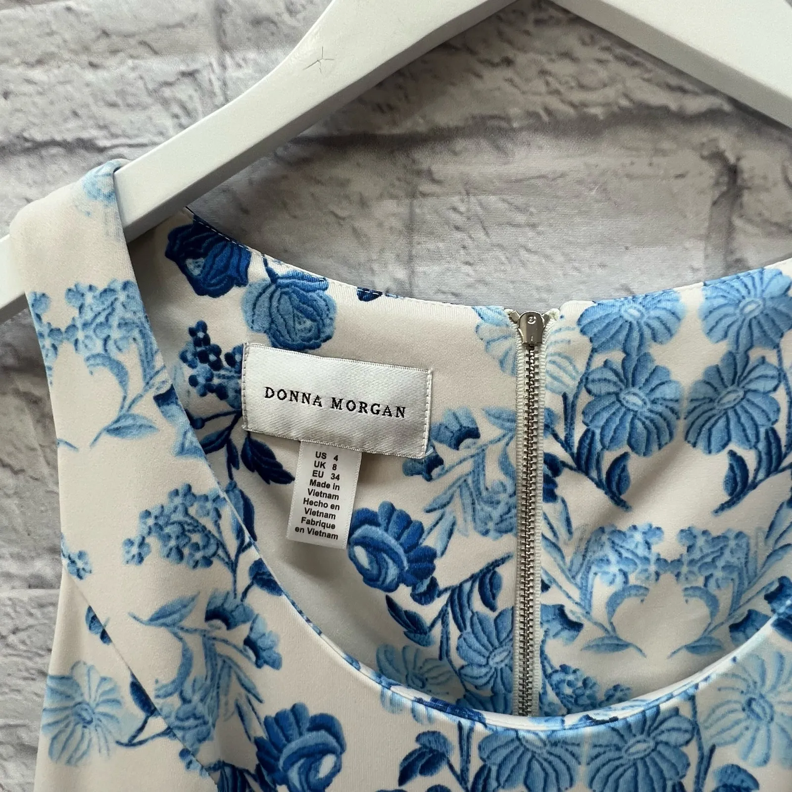 Donna Morgan White Blue Floral Sleeveless Scuba Tea Dress Size 4 New - Image 2