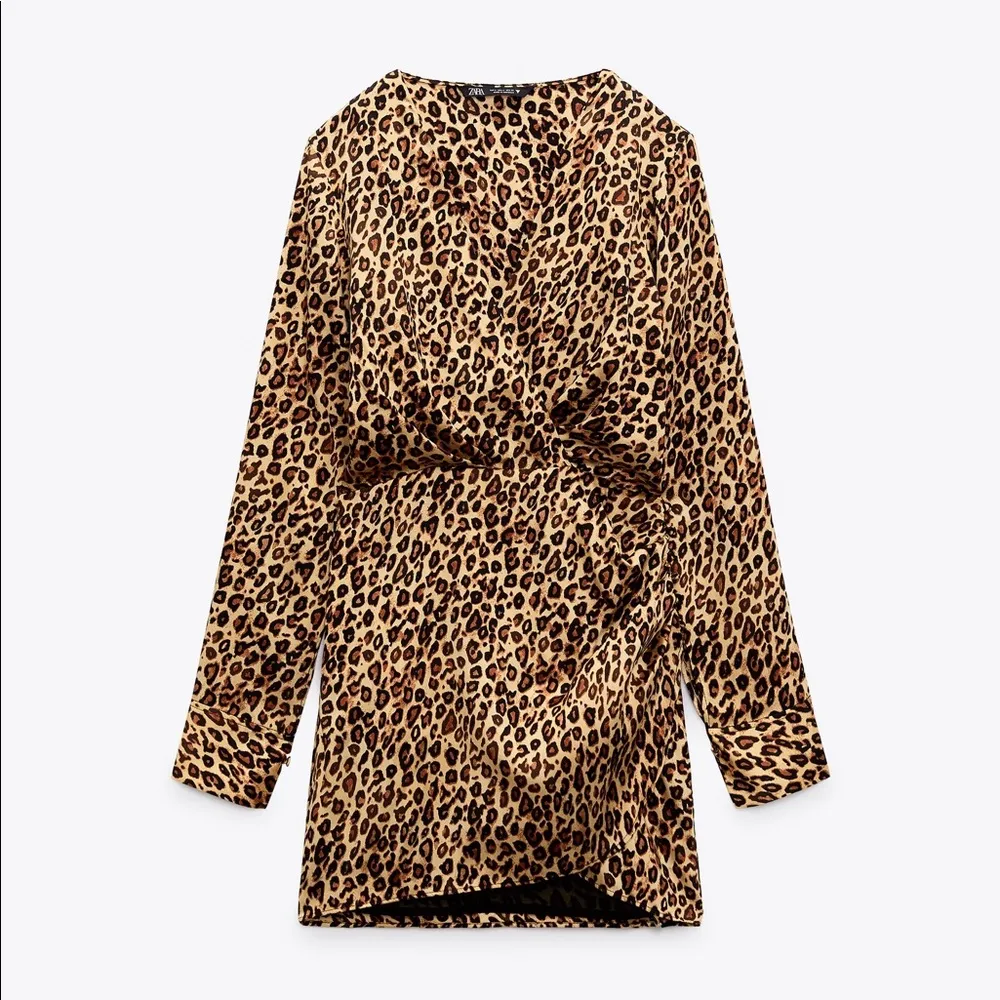 Zara Satin Effect Leopard Print Mini V-Neck Wrap Dress Long Sleeves Size M NEW - Image 8