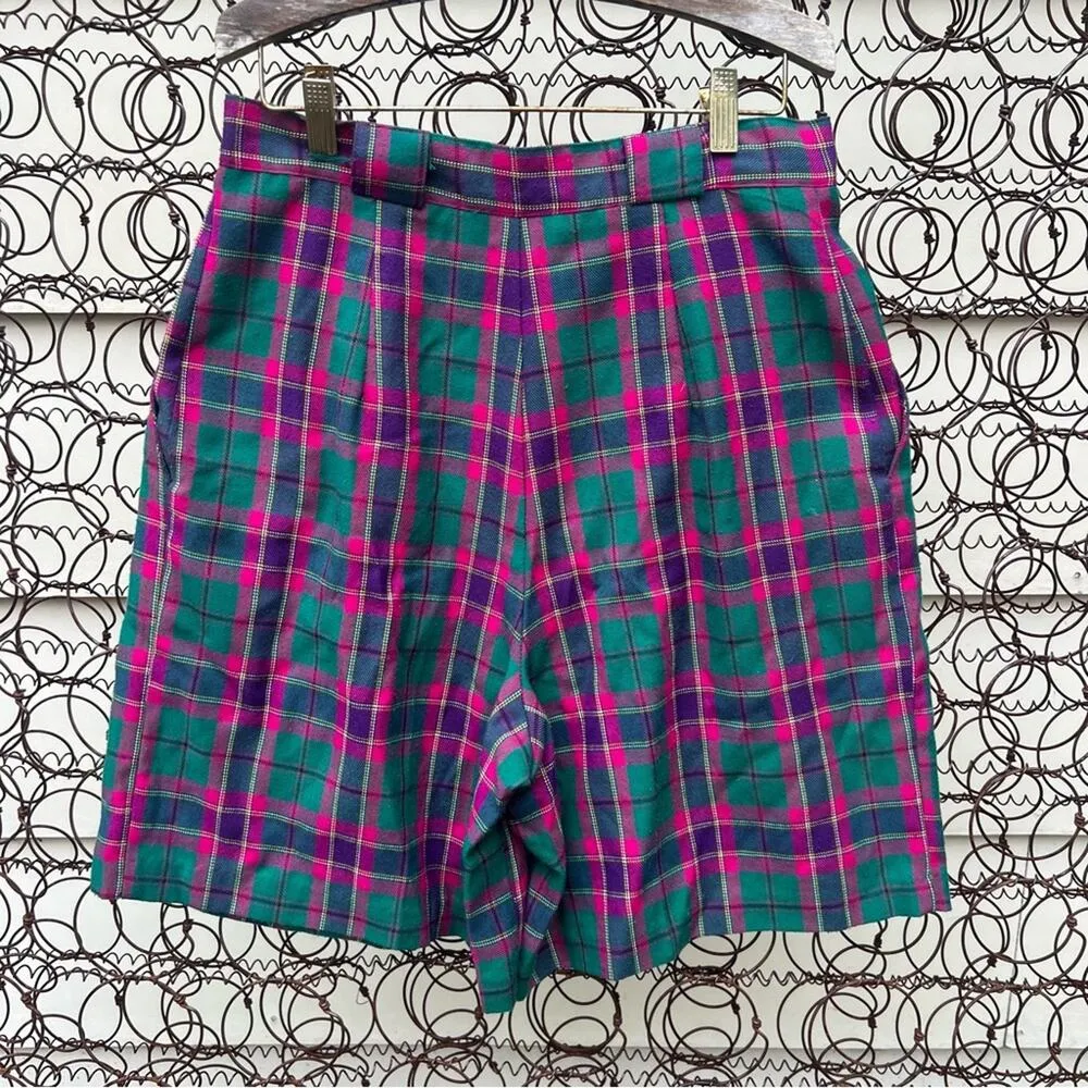 Vintage 80s green fuchsia plaid pleated high waist mom golf shorts SIZE 12 Pink - Image 3