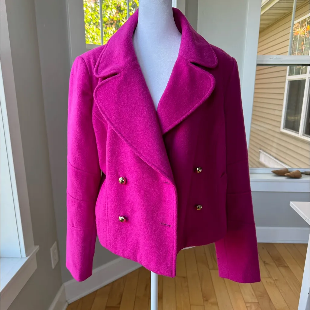 The Limited Hot Pink Fuschia Gold Button Wool Cropped Trench Jacket Large - Image 4