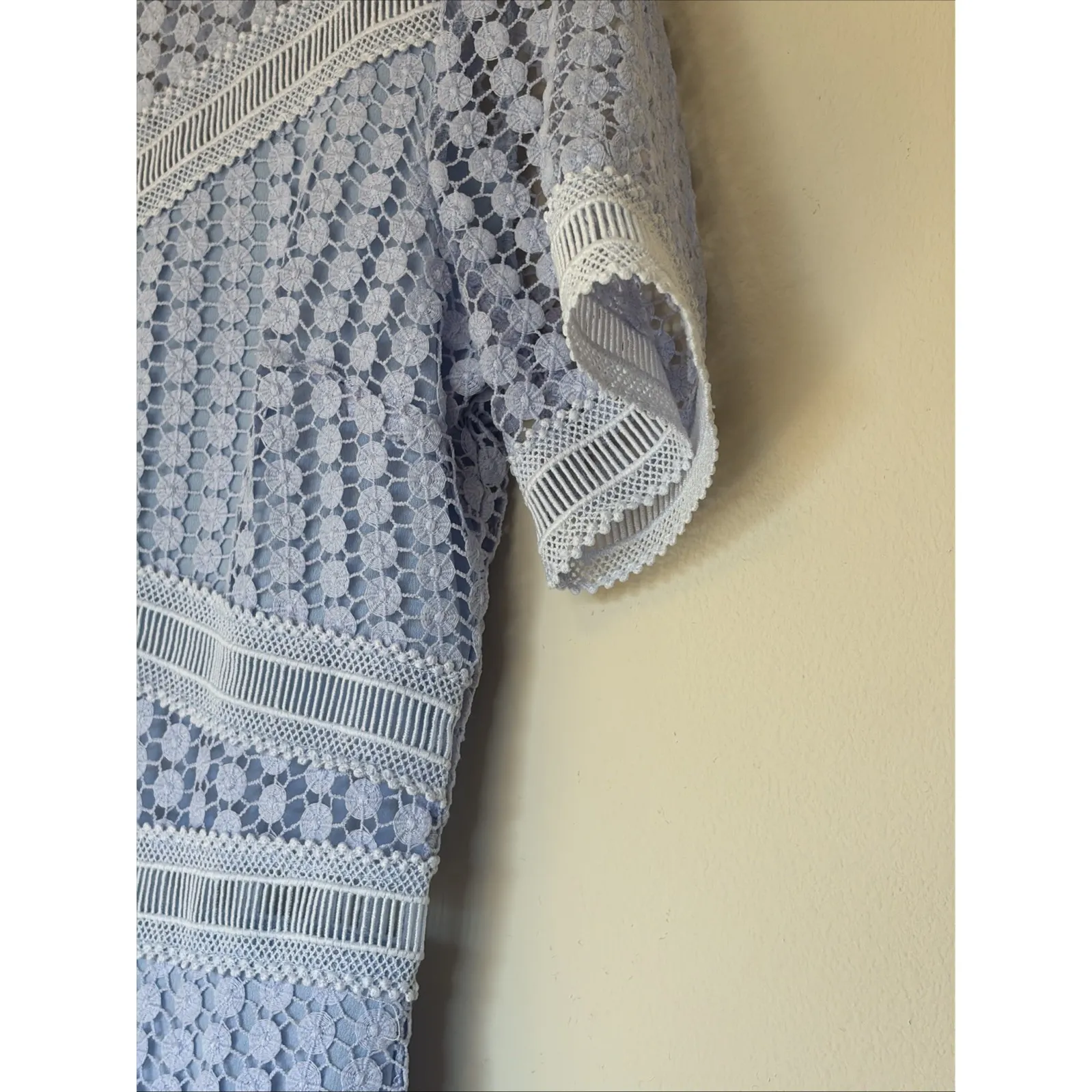 ALLISON Pastel Blue Lace Spring Easter Mock Neck Short Sleeve Dress Women Medium - Image 6