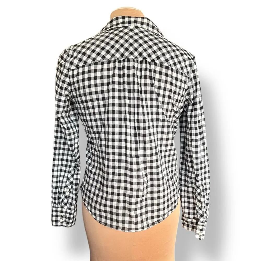 J Crew Gingham Plaid Tie Front Cropped Button Down Shirt Medium Black White - Image 5