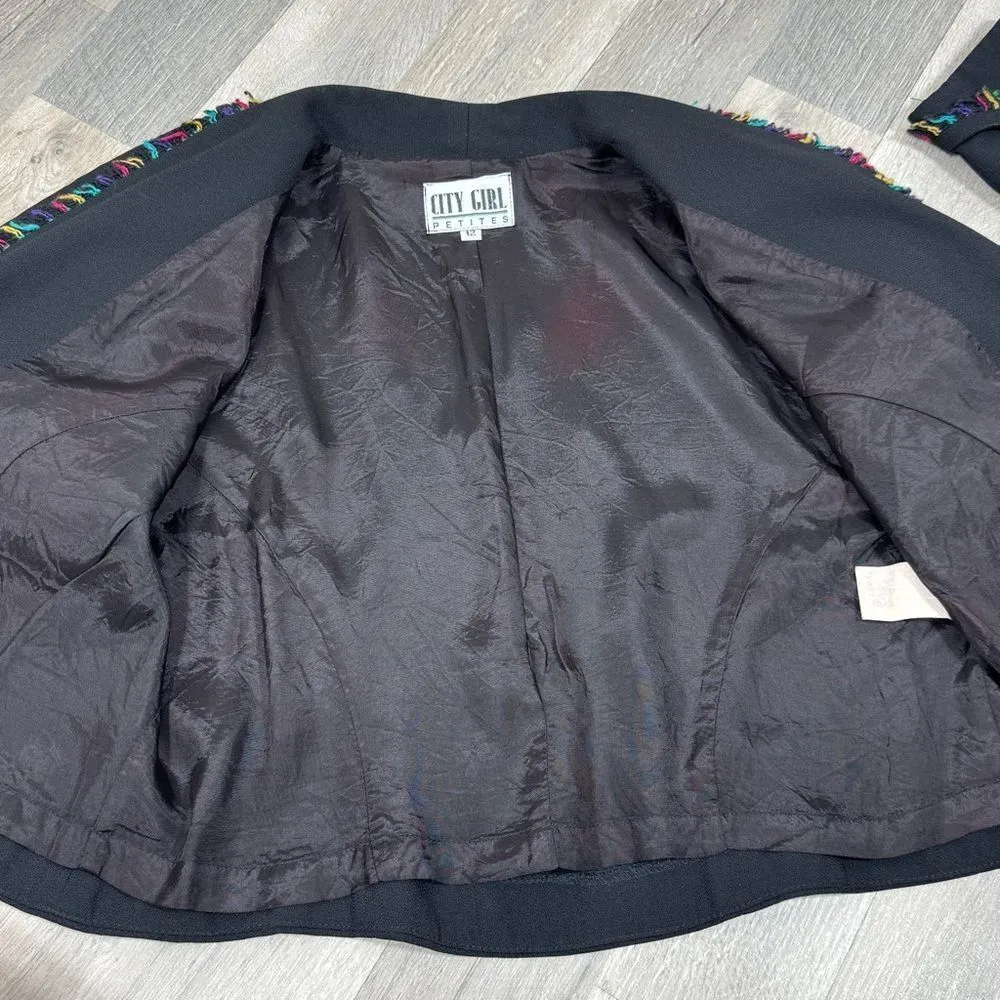 Vintage City Girl Petites‎ 80s Rainbow Fringe Crop Blazer Jacket Black 12 Medium Size undefined - Image 9