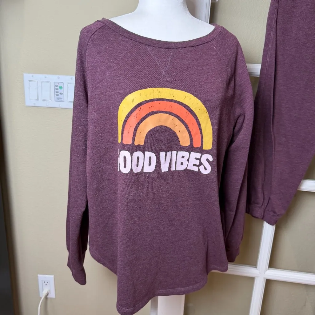 Good Vibes Maroon Sweatsuit Crewneck & Jogger Pants Set Size XL Red - Image 3