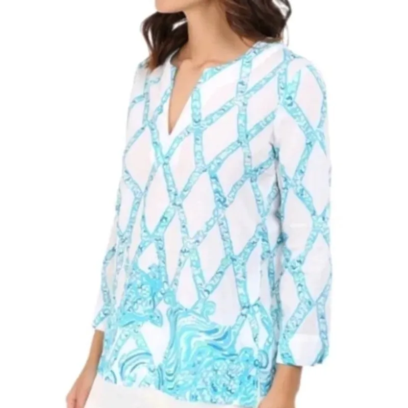 Lilly Pulitzer White Turquoise Amelia Island Tunic Turtle Cove Lattice Sheer XS - Image 2