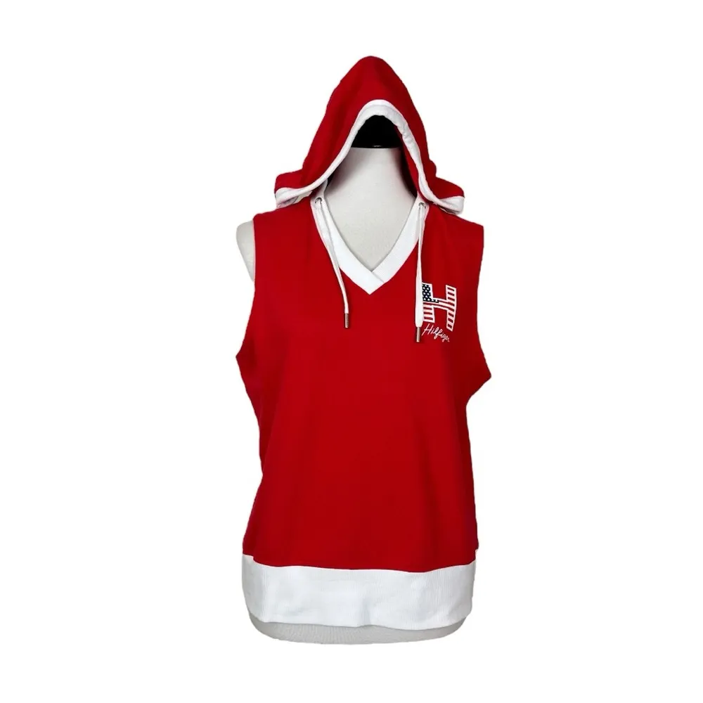 Tommy Hilfiger Hoodie Sweatshirt Sleeveless Red White Flag Women’s Size Large - Image 12