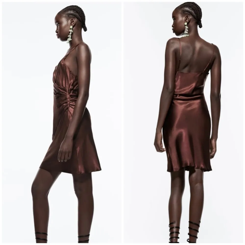 Zara brown satin effect dress with size ruching - Image 2