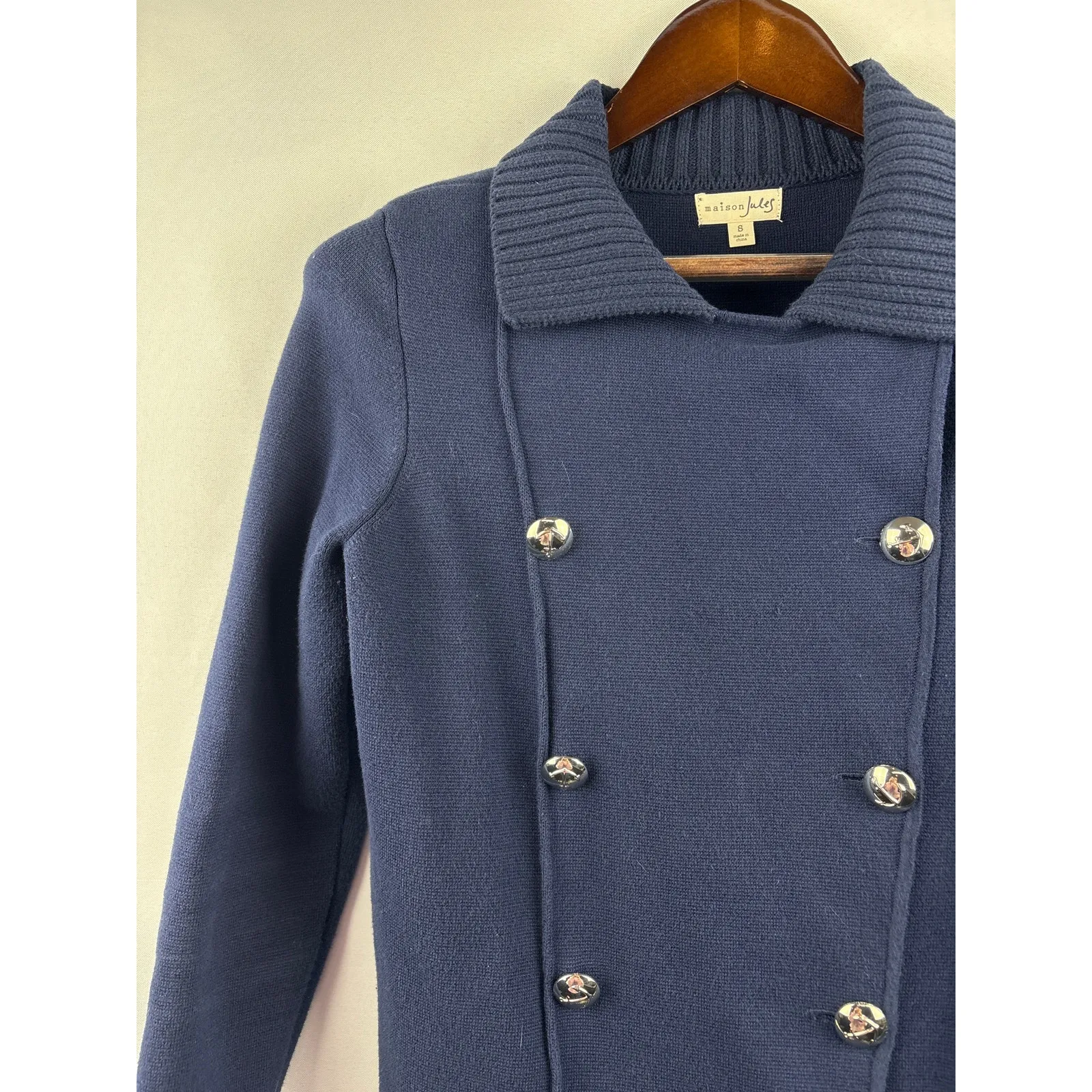 Women’s Maison Jules Small Navy Blue Double Breasted Short PeaCoat Sweater - Image 2