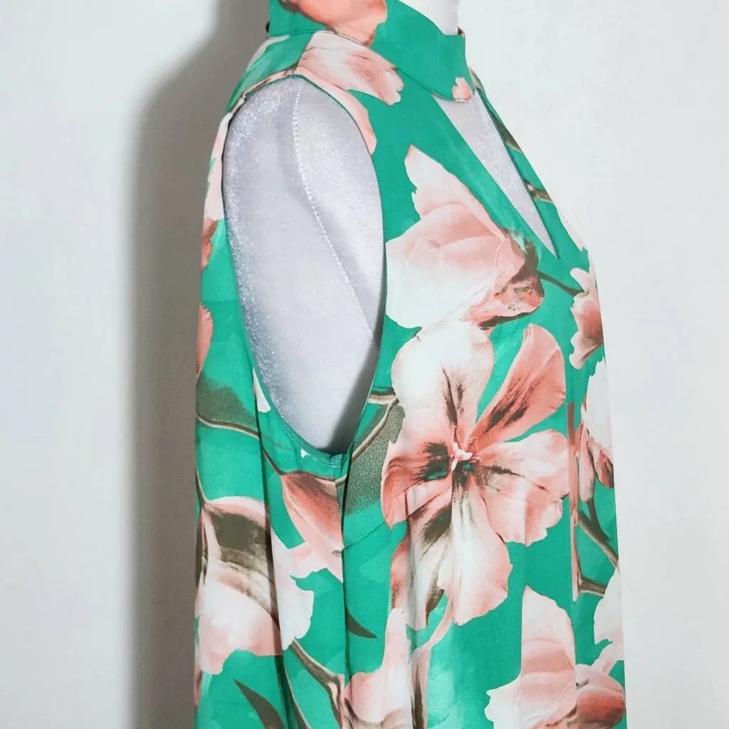 Peach Love California Green Floral Mini Dress Size Large Wedding Guest Dress - Image 4