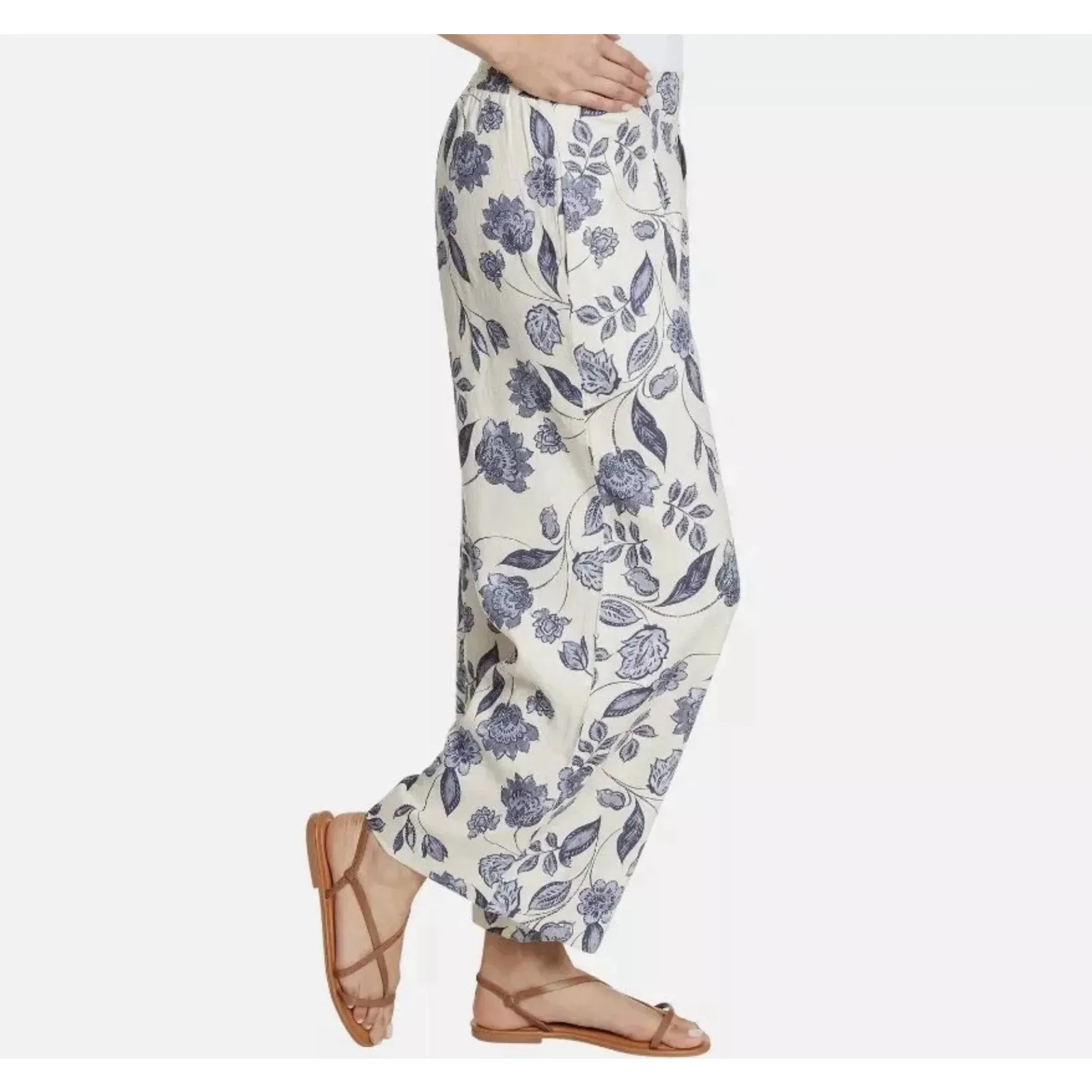 Ella Moss XL Linen Blend Wide Leg Pants Pull On Blue Floral Pockets Resort Beach - Image 2