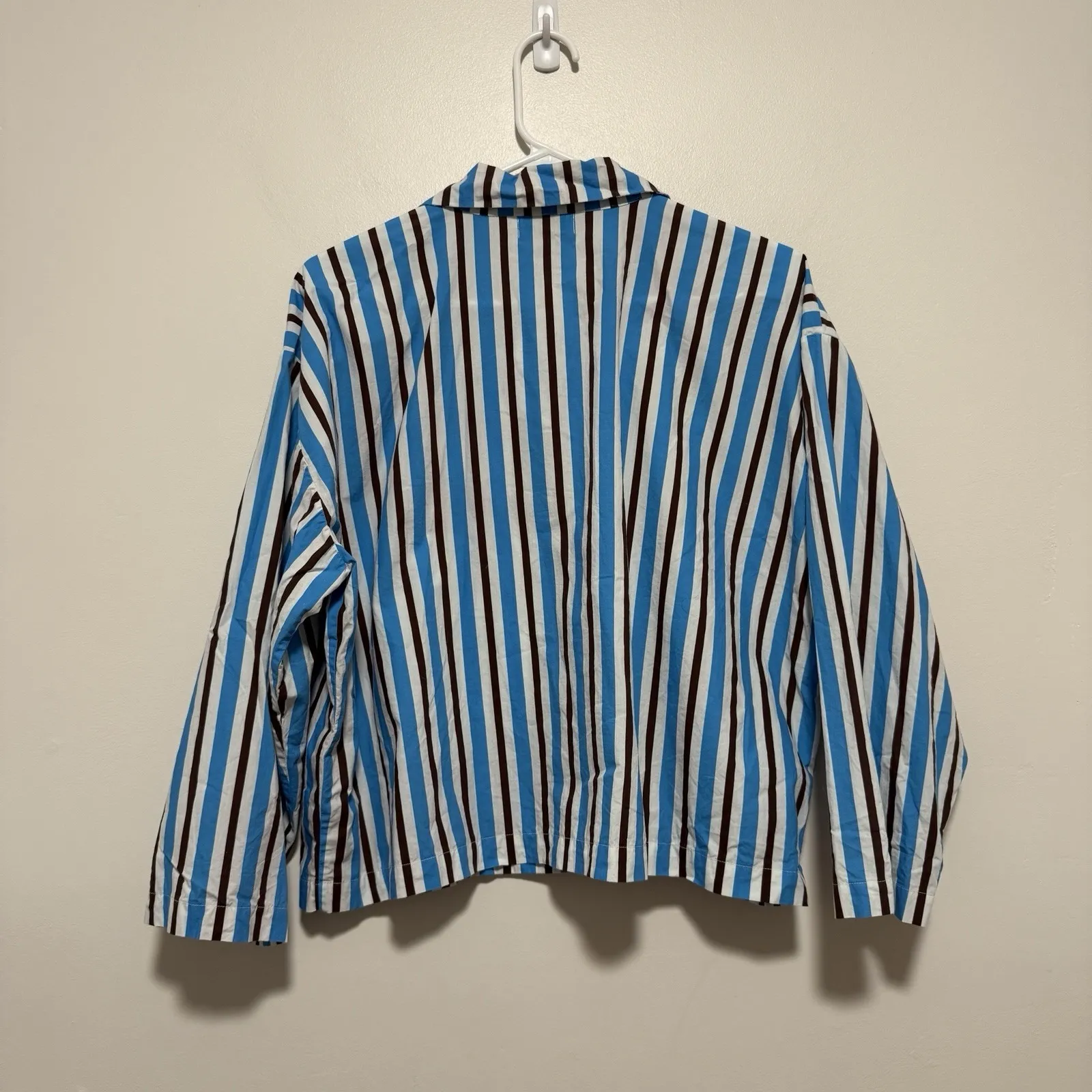 Rhode Blue Brown Striped Boxy Fit Button Down‎ Blouse R Embroidered Pocket Small - Image 4