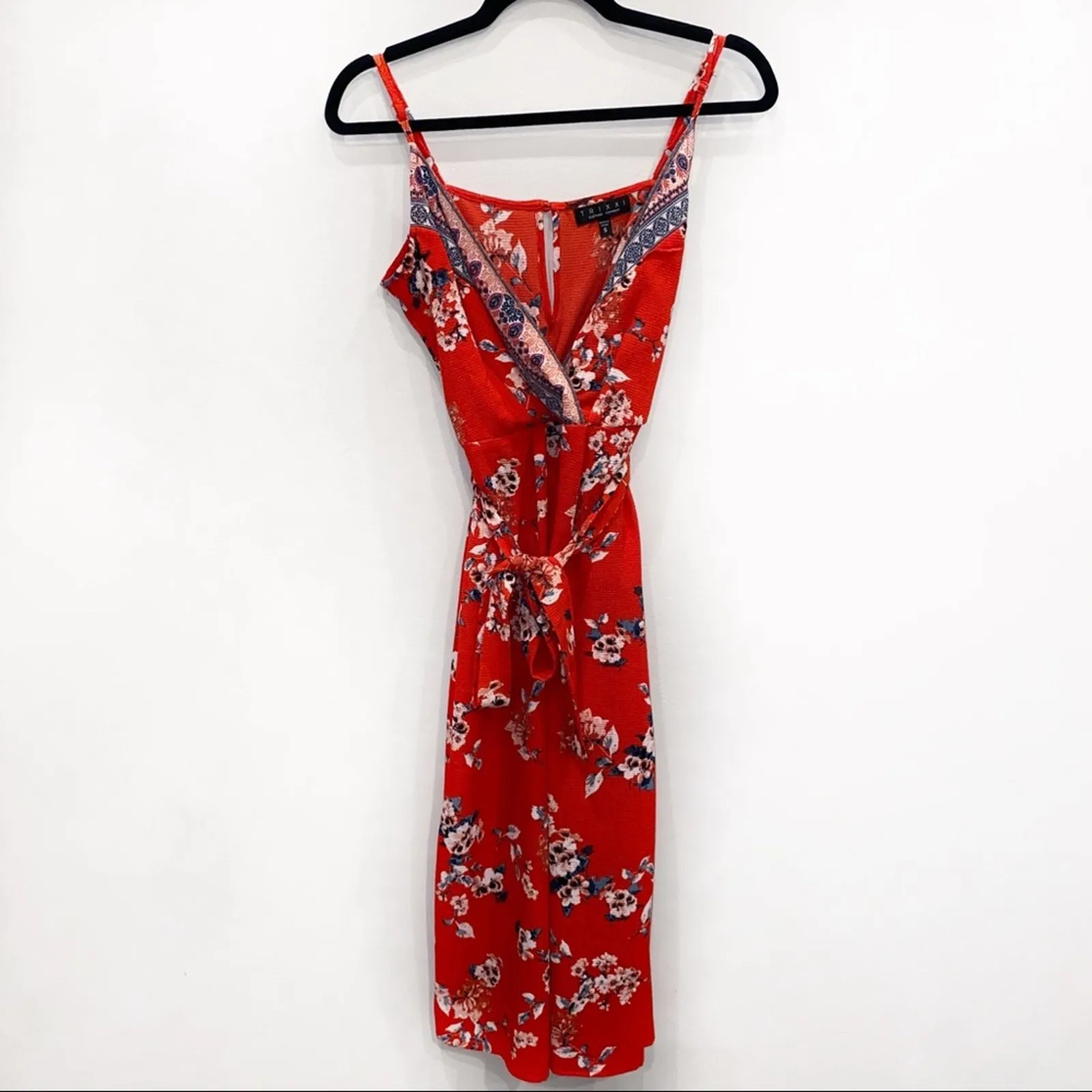 Francesca’s Collections Orange Red Floral Wide Leg Midi Jumpsuit Size Small - Image 2