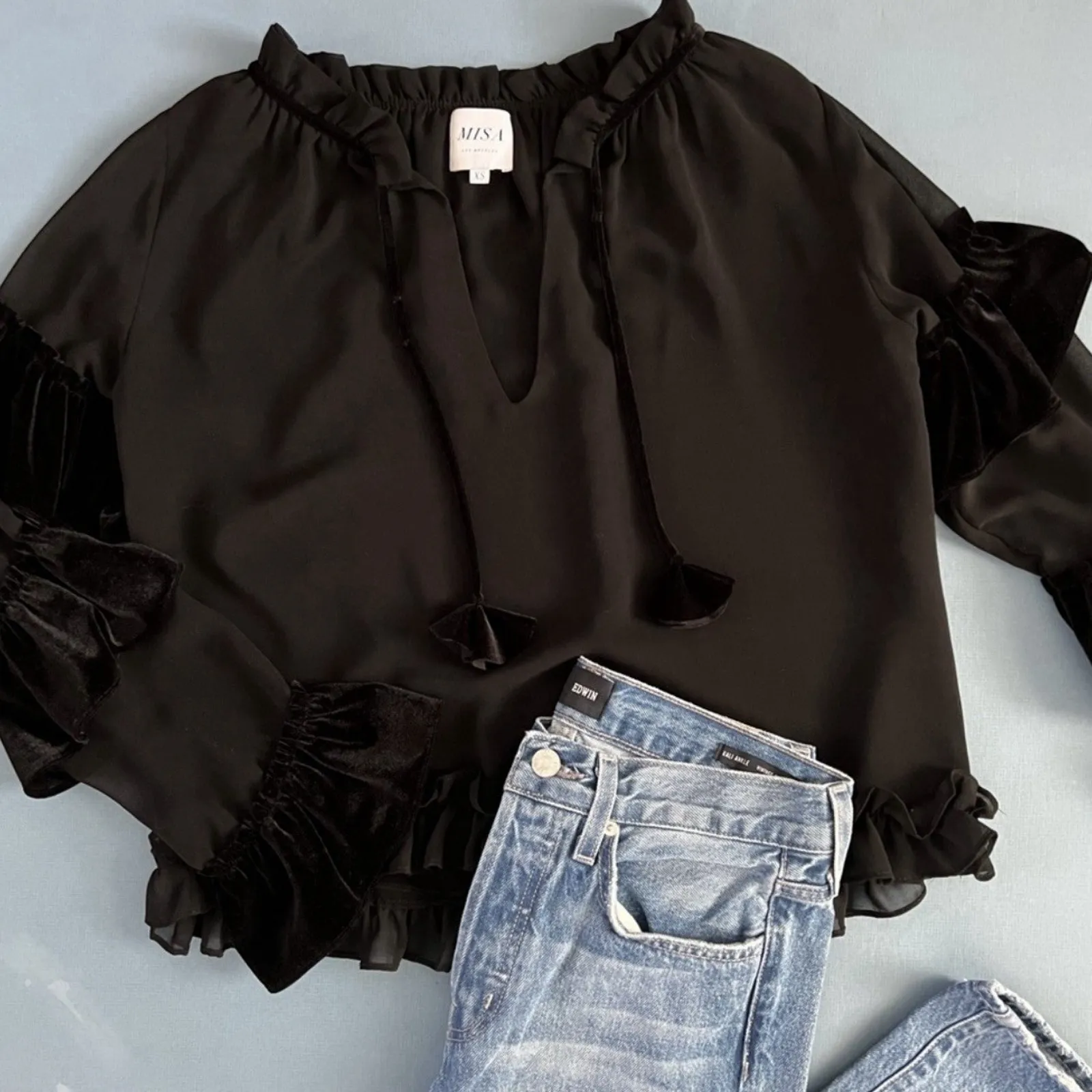 MISA Los Angeles Emeline Black Velvet Ruffle Long Sleeve Blouse - Image 4