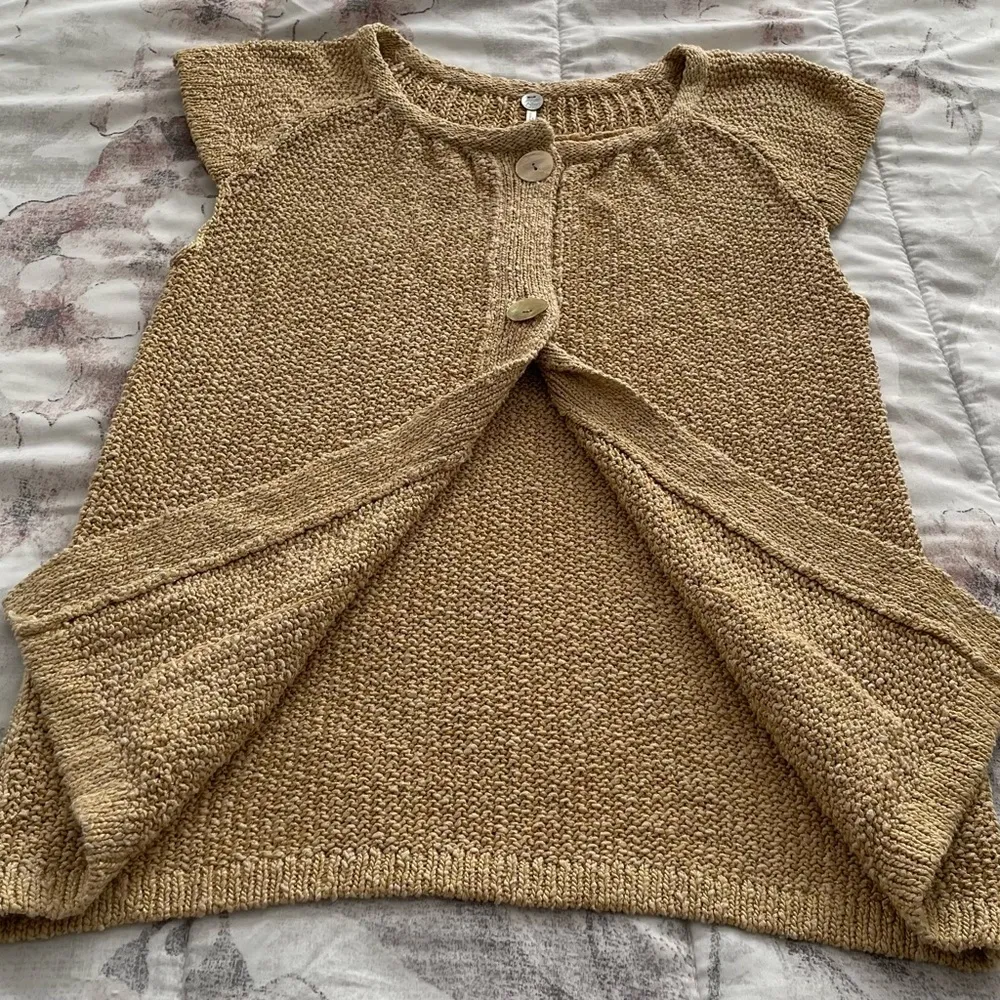 Margaret O’Leary gold tan knit shirt sleeve cardigan with pockets, size L boho - Image 6