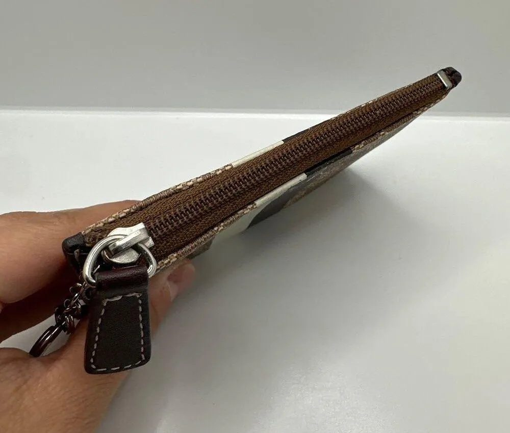 COACH Brown and Cream Coated Canvas Coin Purse / Cardholder with Keychain - Image 4