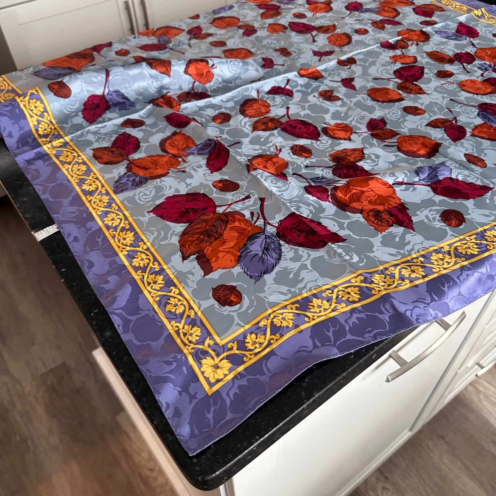 R. Zanghellini Silk Hand Made Floral Fall Autumn Leaves Scarf Blue Purple - Image 4