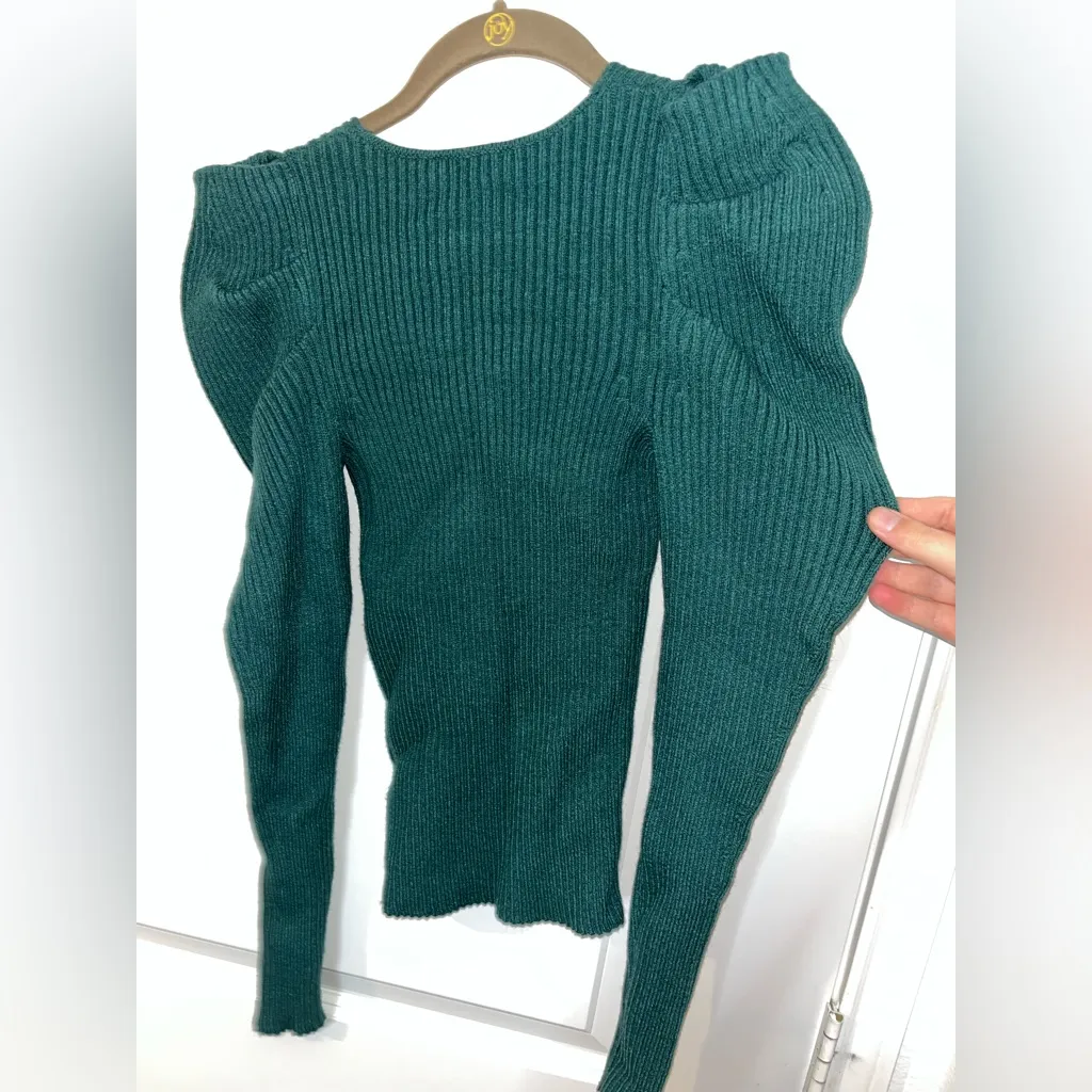 Express NWT Stretch Ribbed Emerald Green Sz XXS V-Neck Long Puff Sleeve Sweater - Image 4