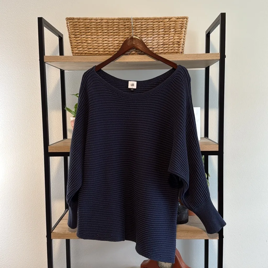 Cabi Utopia Dark Blue Ribbed Sweater Knit Asymmetrical Hem #6232, L - Image 2