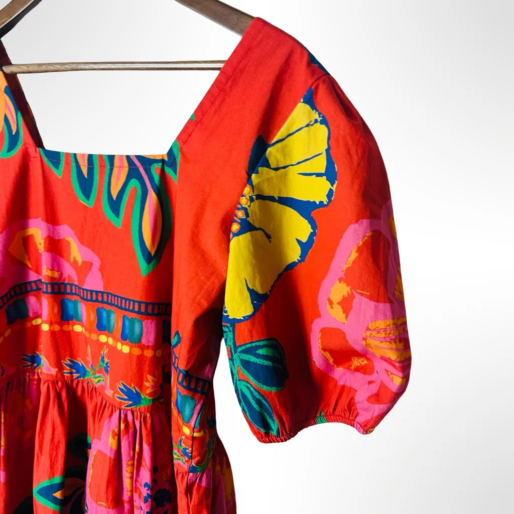 Maude Vivante Aria Dress Medium Red Floral Puff Sleeves Colorful Vacation Resort - Image 6