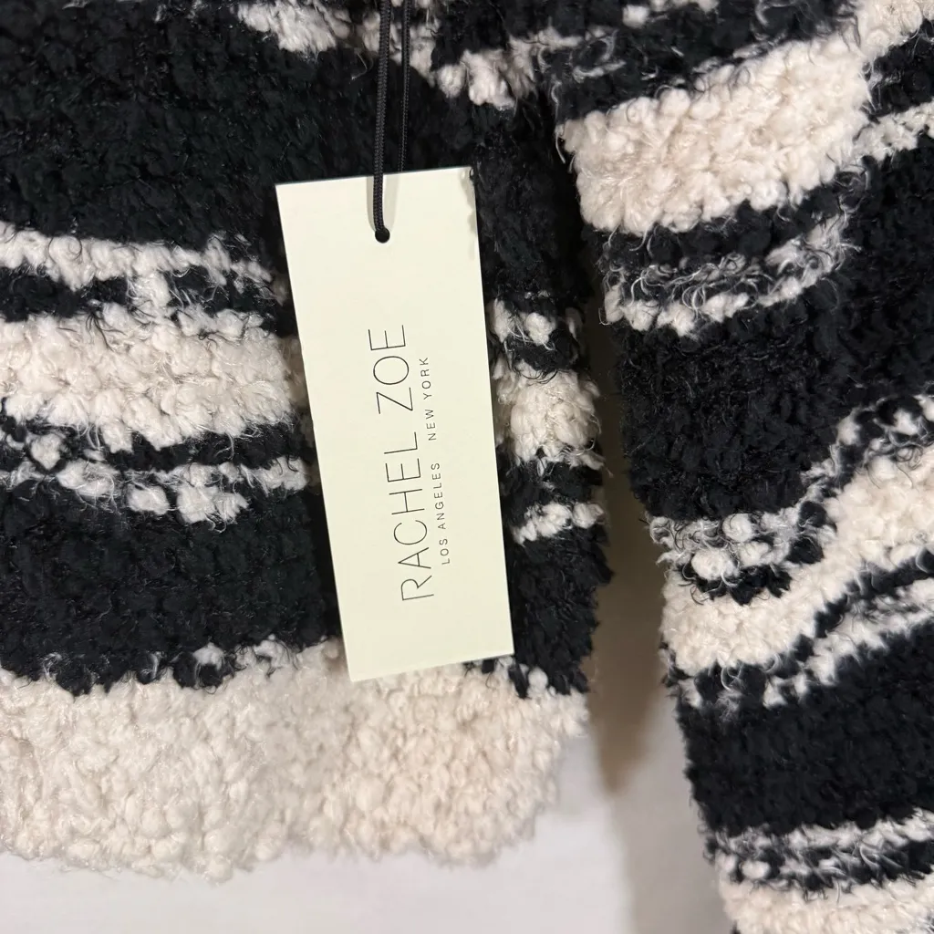 Rachel Zoe Women’s Fluffy Soft Short Sweater Black Off White Stripes Sz Med NWT - Image 6