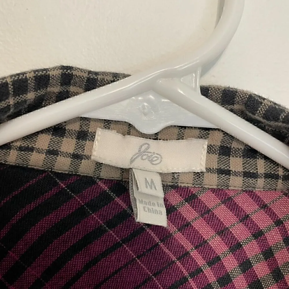 JOIE Fara Plaid Tuxedo Shirt Pink Black Taupe 3/4 Sleeve ish Flannel Button Down - Image 6