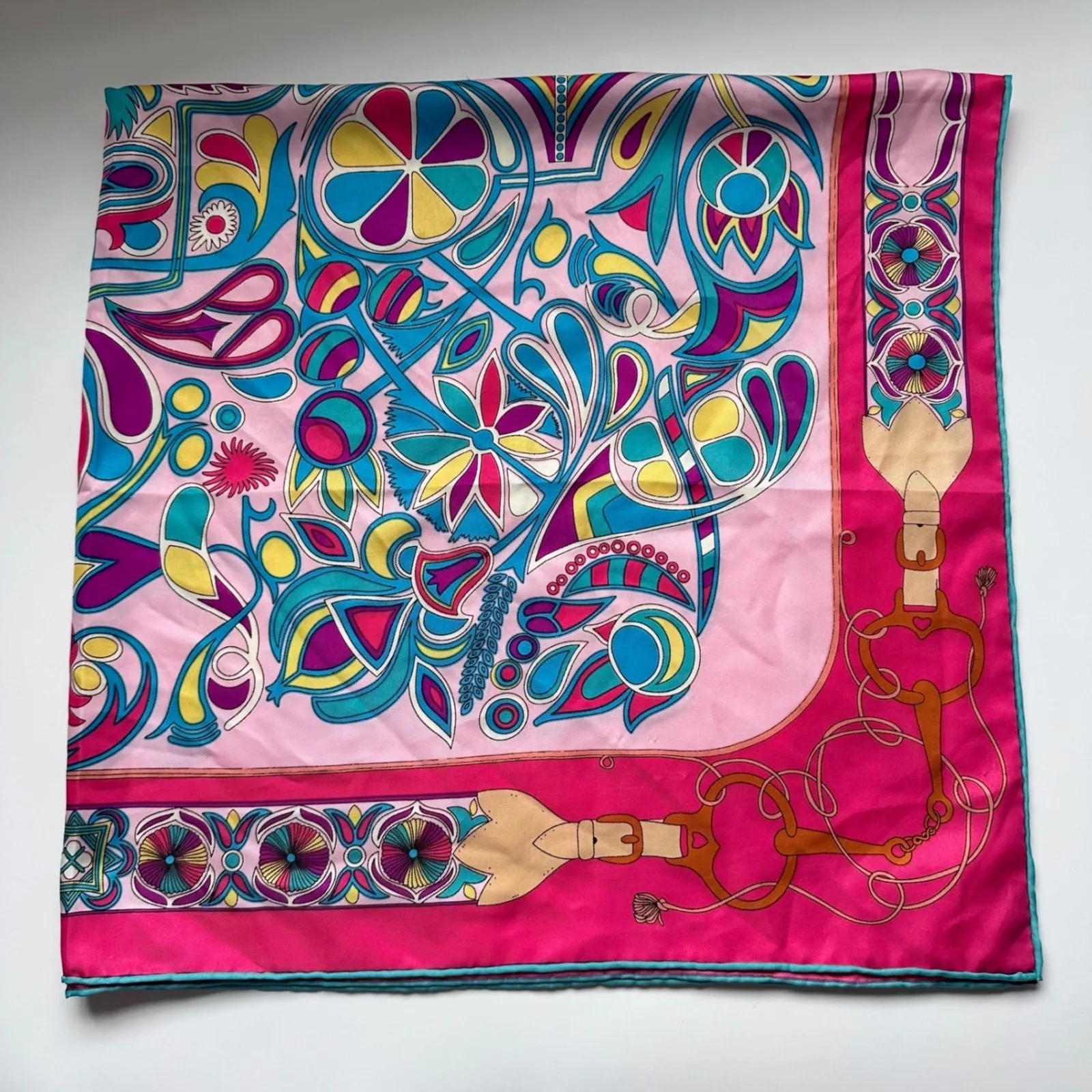 Silk Scarf Square Geometric Print Pink Teal Gold Luxury Accessory Made in Italy - Image 8