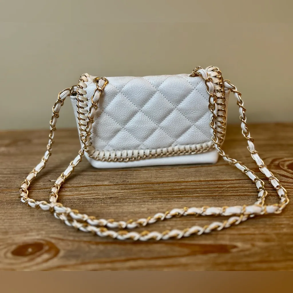 Steve Madden Mini White Quilted Crossbody Bag - Purse with Gold Chain - Image 6