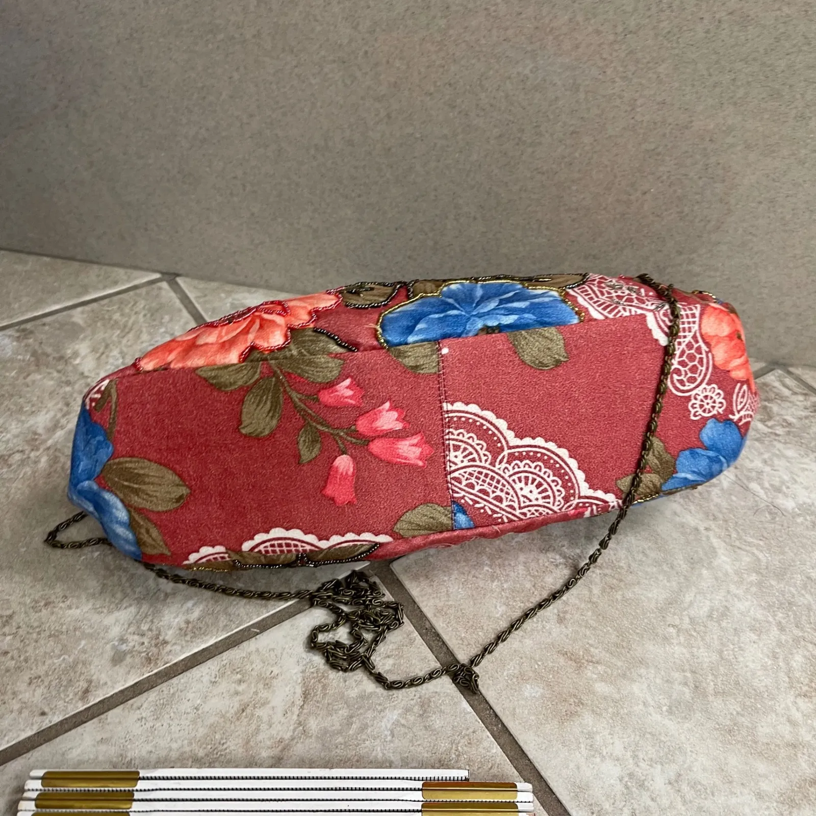 Vintage Floral Beaded Kiss Lock Clutch Evening Bag chain crossbody Red - Image 6