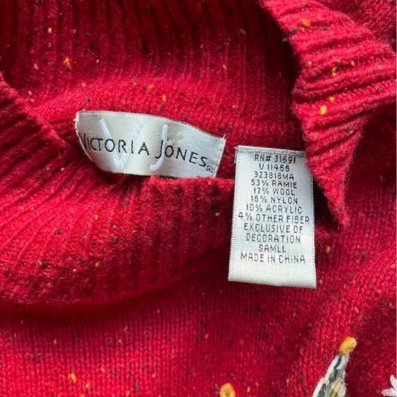Vintage 90s Christmas Sweater Victoria Jones Red Size Small Snowman XMas Artsy - Image 6