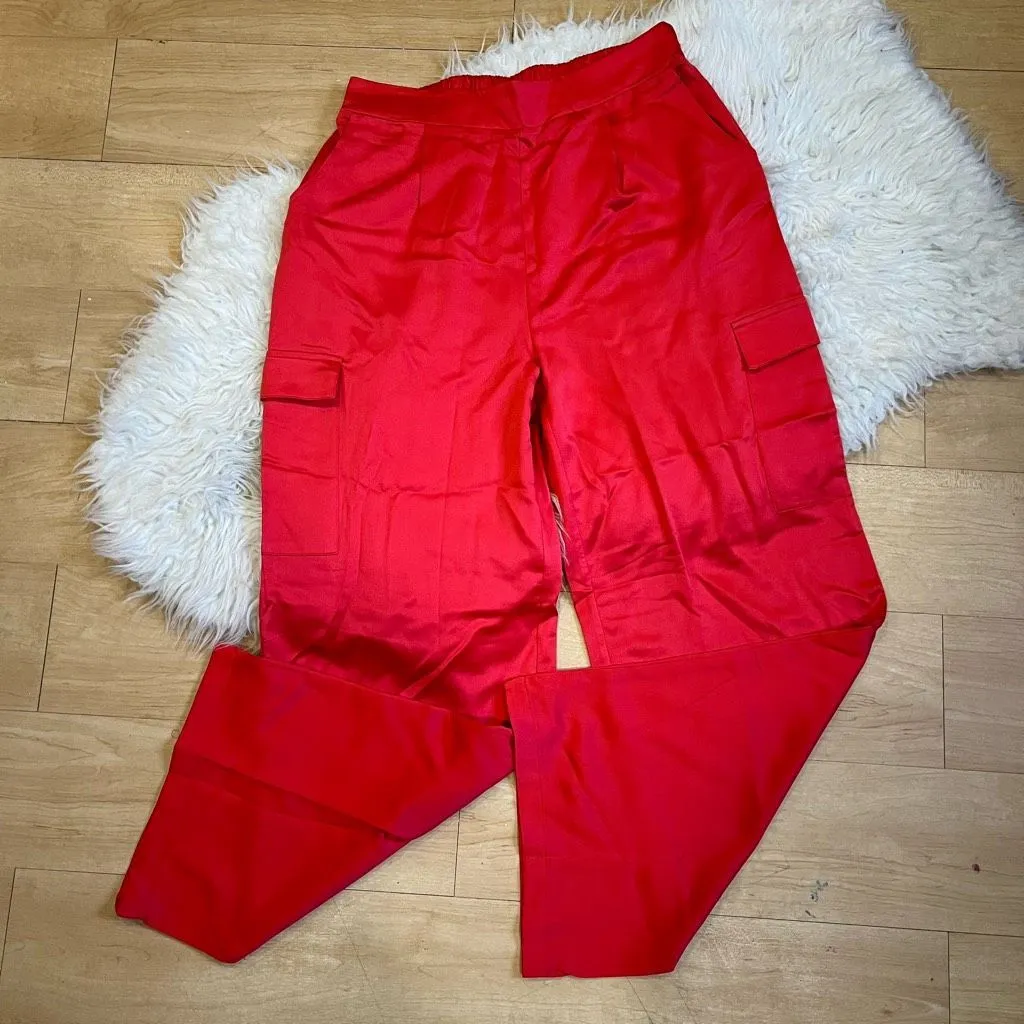 Red satin cargo styles high waisted wide leg pants M - Image 10