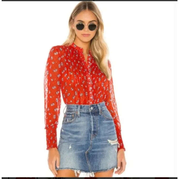 Free People Flowers In December Blouse Top‎ Women's S Red boho Cottagecore sheer - Image 6